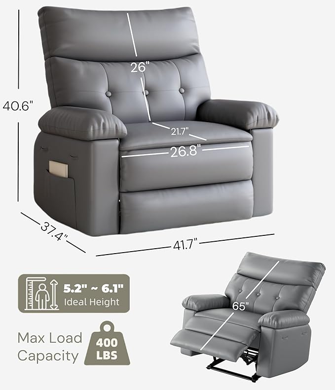 Garvee Manual Recliner PU Leather Living Room Chair Adjustable Reclining Chair Oversized Home Theater with Massage & Heat - Gray