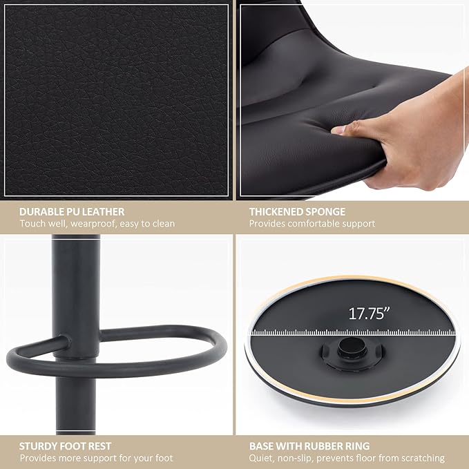 Brage Living Adjustable Bar Stool, Modern PU Leather Swivel Counter Height Barstool with Back, Armless Airlift Curved Bar Chair for Kitchen Dining Cafe, 1 pc (Black, Black Base)