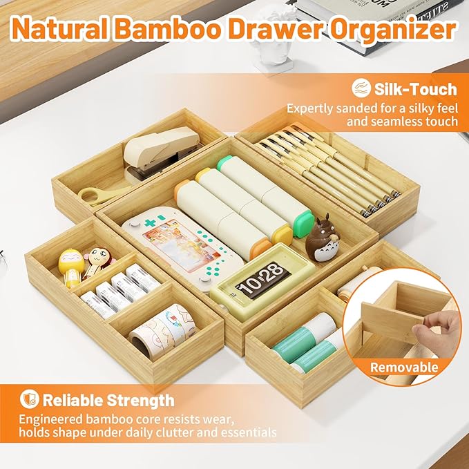 SpaceWhisper Bamboo Drawer Organizer, 5-Piece Drawer Divider with Removable Dividers for Organization and Storage, Multi-Use Stackable Storage Box & Utensil Holder for Kitchen, Office, Makeup & More