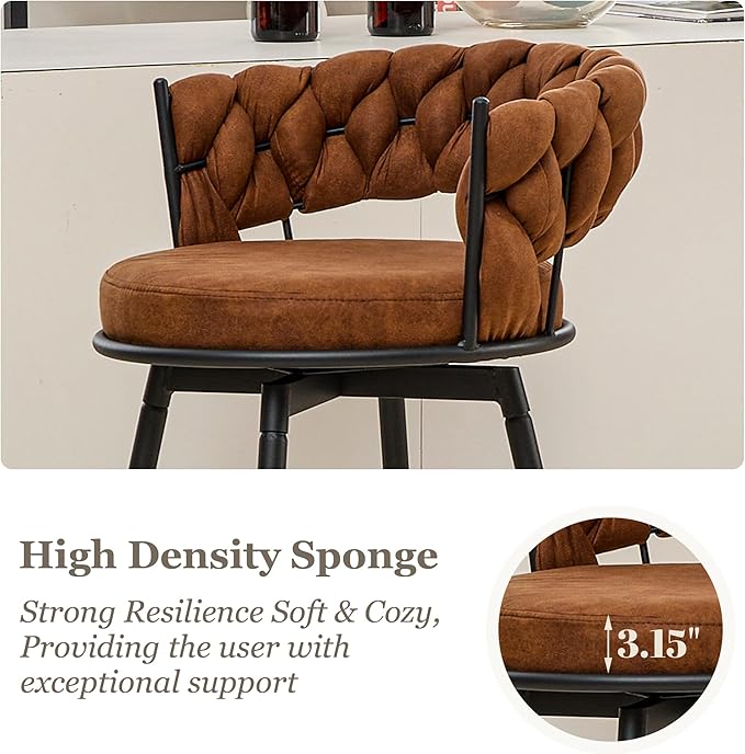 Brown Bar Stools Set of 3, 28 Inch Barstool with Metal Legs, 360° Swivel Counter Height Bar Stools with Woven Back Leather Upholstered, Modern Chair for Kitchen Island, Cafe
