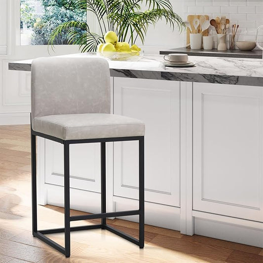 Sophia & William Light Grey Bar Stool, Counter Height 24" Bar Stools with Backs, Modern PU Leather Kitchen Island Bar Chairs,1 Pack