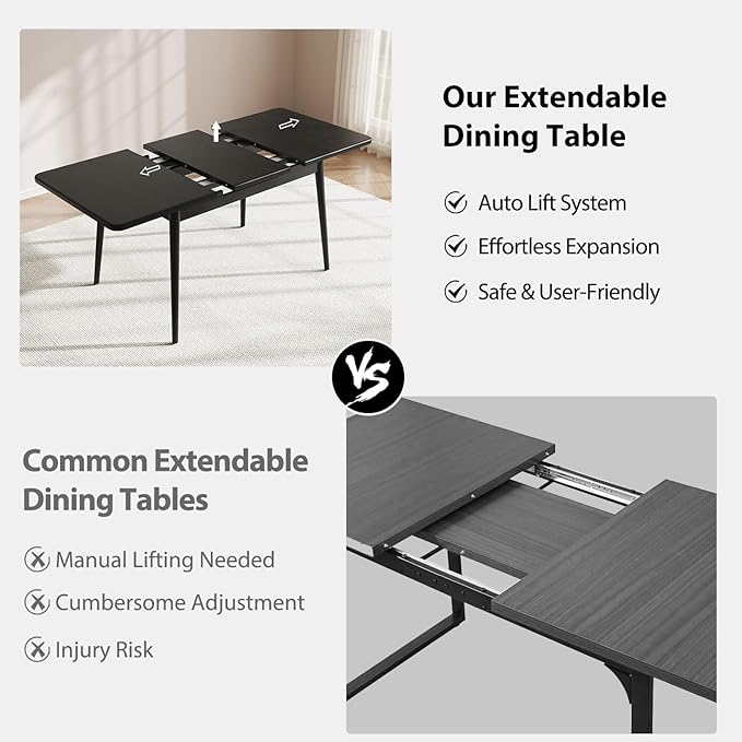 Solid Wood Extendable Dining Table for 4-8 People with Seamless Extension from 47.2 to 63 Inches, Easy Assembly, Expandable Tables for Small Spaces, Dining Room, Kitchen, Living Room, Black