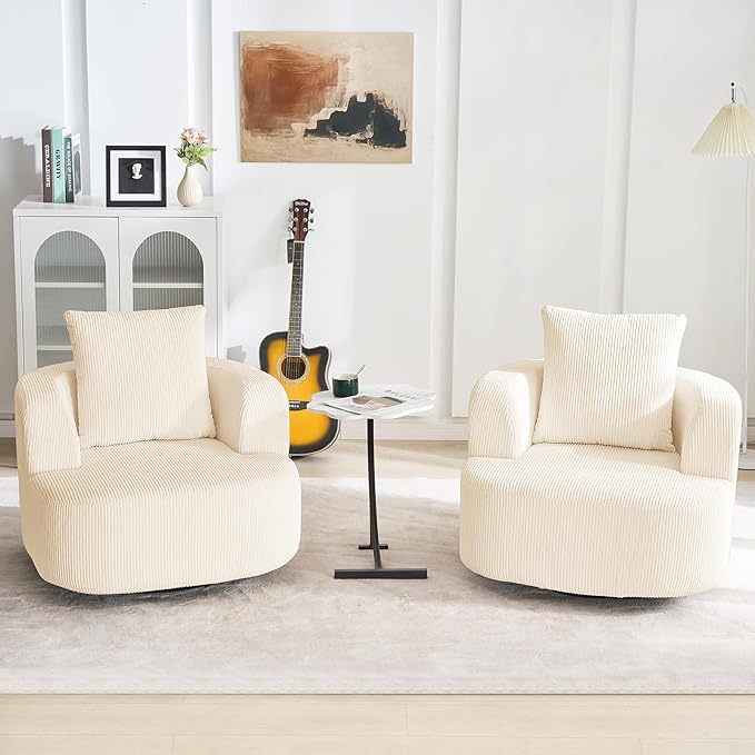 Furnimart 360° Swivel Barrel Accent Chair Set of 2, Round Upholstered Comfy Lounge Chair, Corduroy High-Resilienc Foam Single Sofa, No Assembly Wide Seat for Living Room, Bedroom, Apartment (Beige)