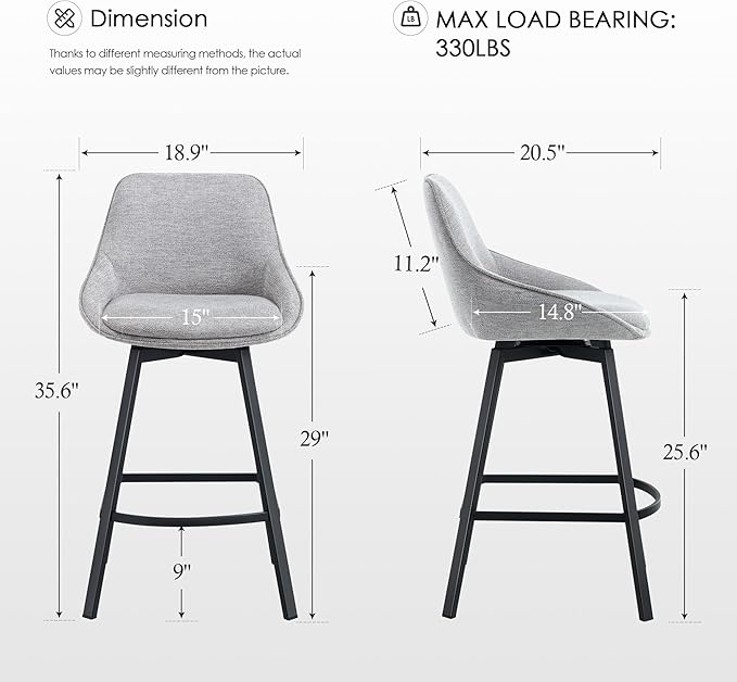 Zesthouse Swivel Bar Stools Set of 4, Modern Counter Height Barstools with Backs, 26'' Upholstered Linen Fabric High Chairs for Island Kitchen, Counter Height Chairs with Metal Legs, Grey