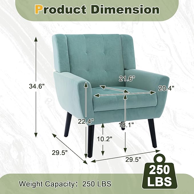 NicBex Modern Accent Chair for Living Room Upholstered Foam Filled Living Room Chairs with Metal Legs Velvet Cozy Lounge Armchair for Living Room Bedroom,Mint Green