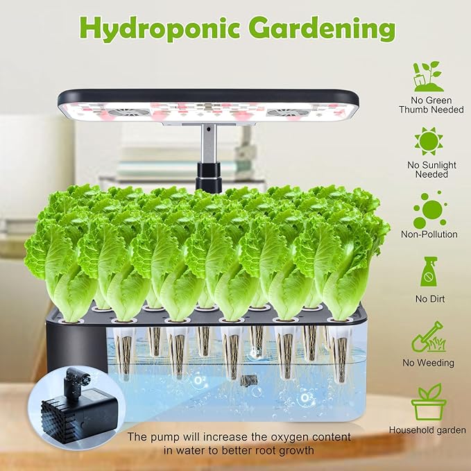 Indoor Gardening 17 Pods Hydroponics Growing System Kit Smart Lighting Setting, Herb Garden Planter with Full Spectrum Grow Light Provides Year Round Harvest - Black