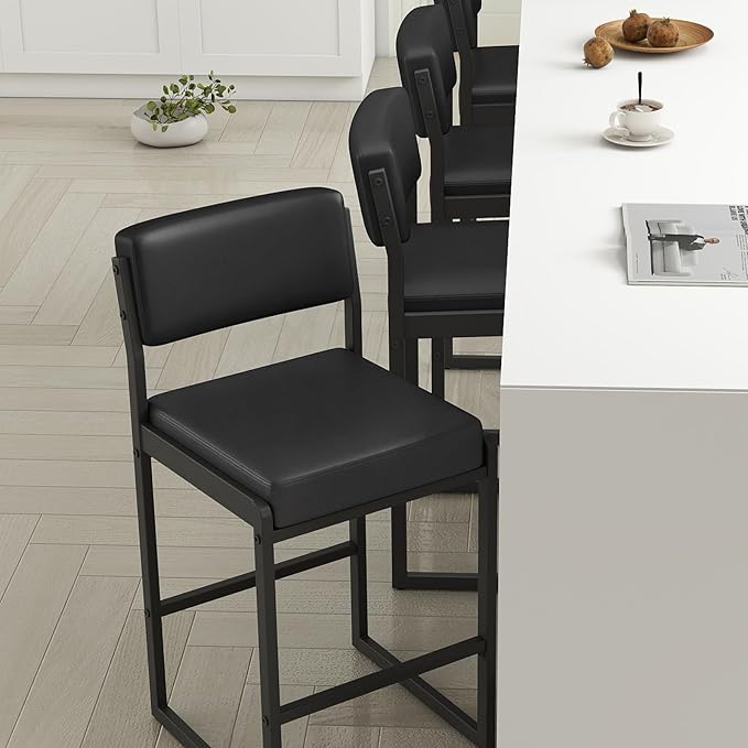 Mid Century Modern Counter Height Bar Stools Set of 3, 26" Bar Height Chairs with Backs, Upholstered Counter Stools, Metal Barstools for Kitchen Island (Black- Faux Leather, 26"H - Set of 4)