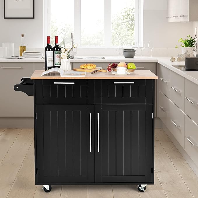 COSTWAY Kitchen Island Cart on Wheels, with Side Towel Bar, 2 Drawers, 2 Door Cabinet, Rolling Storage Trolley Cart with Rubber Wood Top & Lockable Casters (Black)