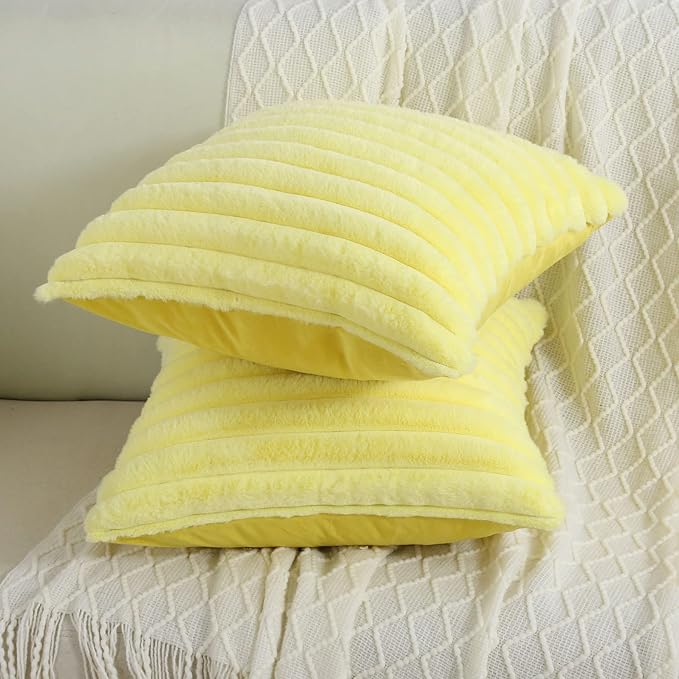FUTEI Yellow Striped Decorative Throw Pillow Covers 24x24 Inch Set of 2,Square Fall Decorations Couch Euro Pillow Case,Soft Cozy Faux Rabbit Fur & Velvet Back,Modern Home Decor for Bed