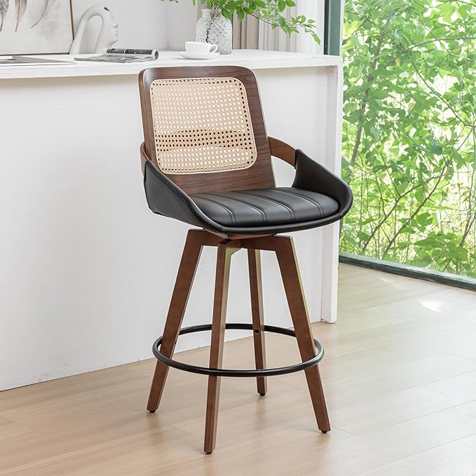 Mid Century Modern Counter Stools - 26.4 inch Swivel Rattan bar stools with Cane Back, Upholstered Faux Leather, Walnut Craftsmanship (Walnut Black, Set of 1)