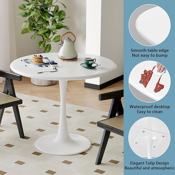 White Round Dining Table for 2 Person, 24 Inch Small Tulip Table with Pedestal for Living Room, Mid Century Modern Kitchen Tables for Office, Bistro, Pub, Bar, Wood Circle Cafe Tables,mesas de comedor