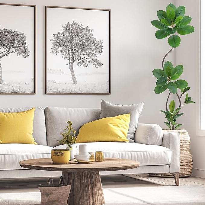 Artificial Rubber Tree Plant, 5.3ft Tall Green with Round Planter, All Season Home Decor (Green,5.3ft)