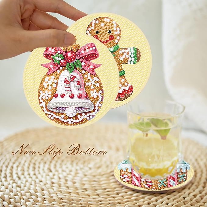 eniref 8 Pcs Christmas Diamond Art Coasters Kits with Holder, Gingerbread Snowman 5D DIY Diamond Pinting Coasters Acrylic Round Cup Coaster with Cork Pads for Tabletop Protection 10×10 CM