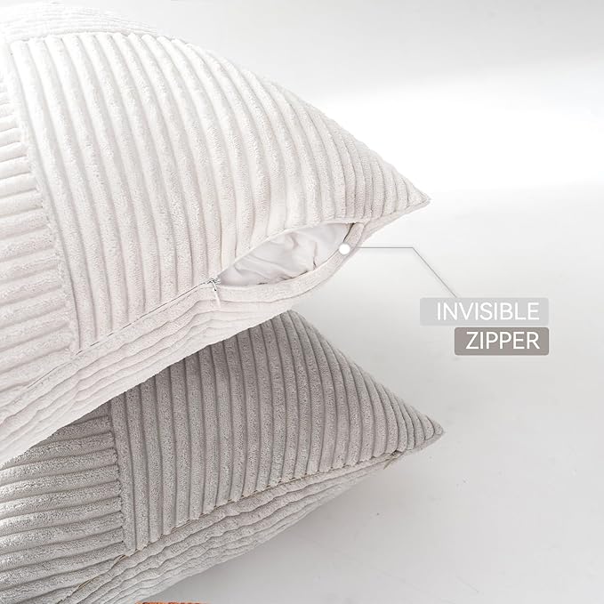 Decorative Throw Pillow Covers 18x18 Inch Set of 4 for Boho Living Room Farmhouse Home Decor, Spring Pillow Covers for Couch Bed, Soft Corduroy Striped Patchwork Cushion Cases, Light Colors