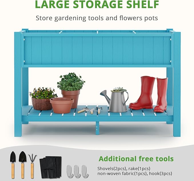 LUE BONA Elevated Planter Box with Legs and Shelf, 47 * 21 * 30in, 8 DIY Pocket HDPS Raised Garden Bed with Tools, 3-Year Warranty, No Crack, Large Outdoor Herb Raised Beds for Gardening Vegetables