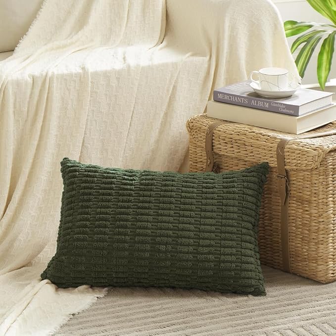 Fancy Homi 2 Packs Boho Olive Green Decorative Throw Pillow Covers 12x24 Inch for Couch Bed Sofa, Rustic Modern Farmhouse Home Decor, Soft Plush Corduroy Cute Square Cushion Case 30x60 cm