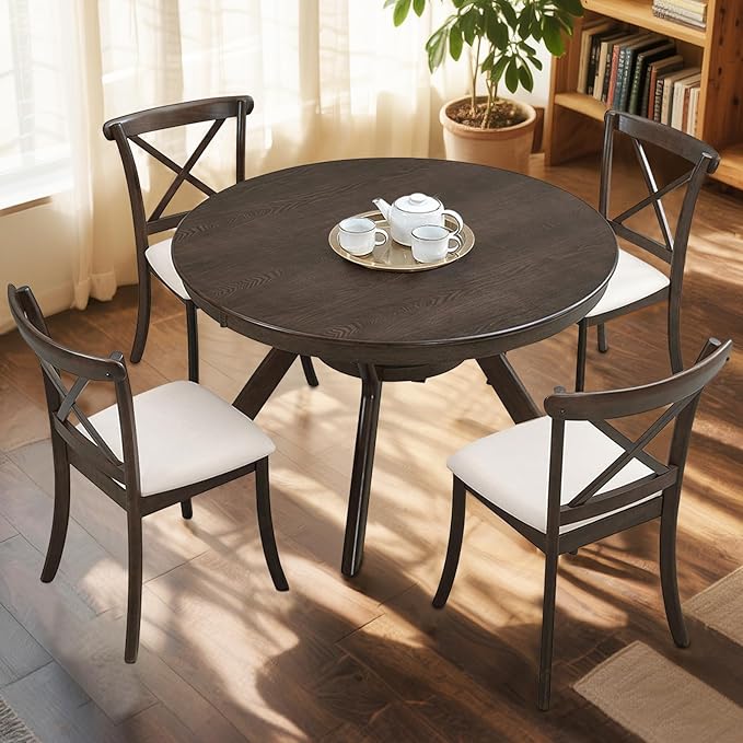 NicBex 47.24" Rubber Wood Round Dining Table for 4-6 People, Mid-Century Kitchen and Dining Table with Wooden Trestle Base, Rustic Brown Solid Wood and MDF Table for Dining Room or Living Room Brown