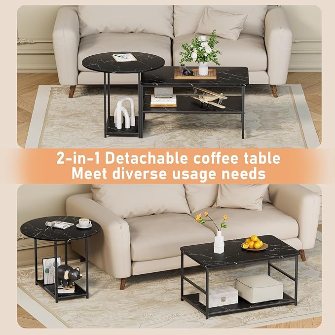 WOHOMO Coffee Table, Black Modern Coffee Tables for Living Room 2 in 1Detachable Small Center Table Set with Storage, Black Marble