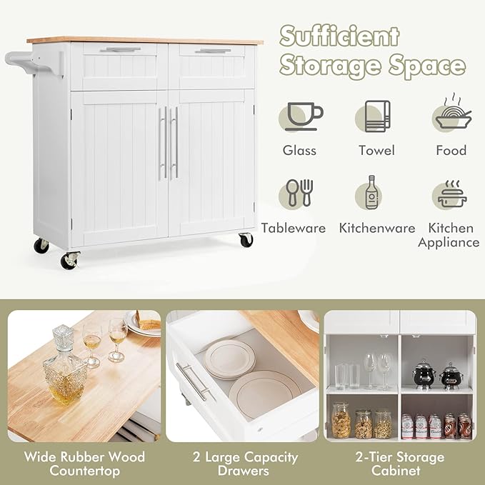 COSTWAY Kitchen Island on Wheels, Kitchen Cart with Side Towel Bar, 2 Drawers, 2 Door Cabinet, Rolling Storage Trolley Cart with Rubber Wood Top & Lockable Casters (White)
