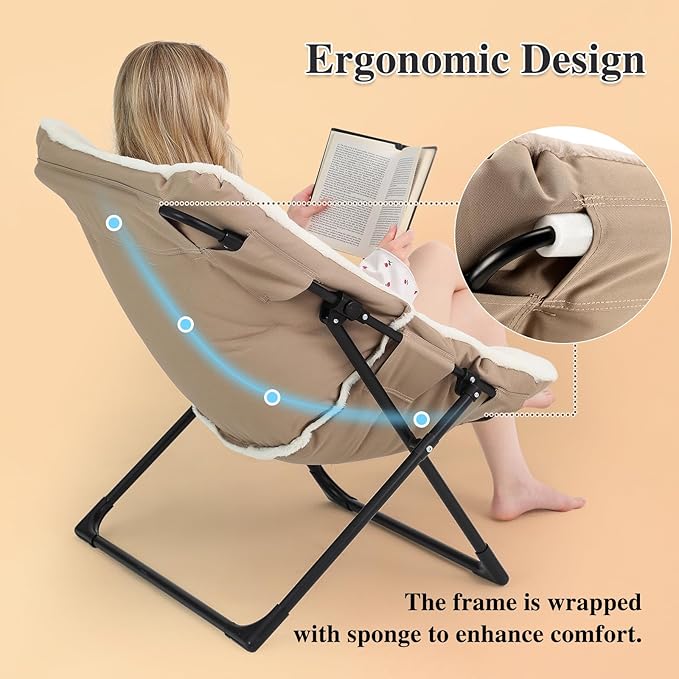 Comfy Saucer Chair for Adults, Soft Faux Fur Bedroom Chair with Ottoman, Accent Dorm Chairs, Living Room Reading Chairs and Footstool, Folding Lounge Seat for Teens, X-Large, Beige