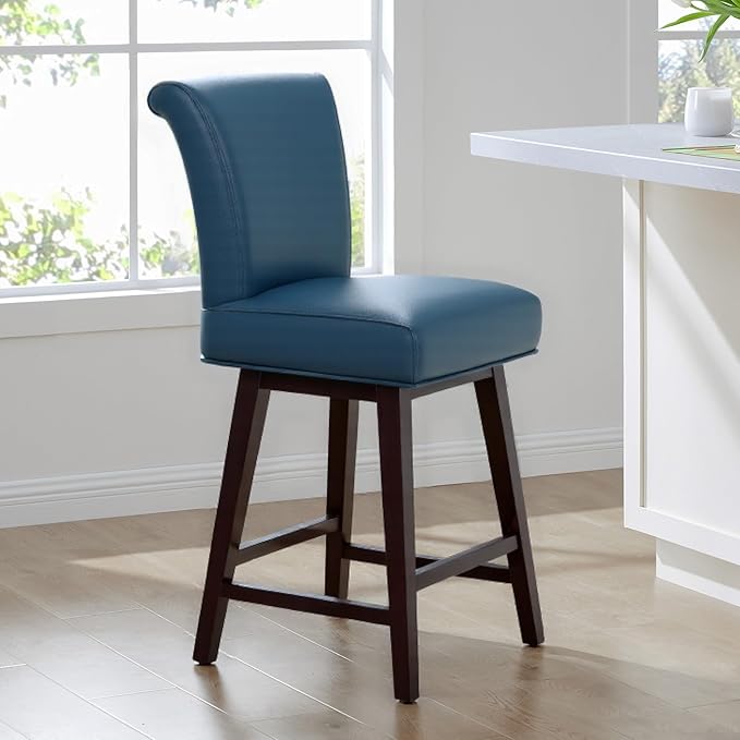 CHITA 26 Inch Counter Height Swivel Bar Stool, FSC Certified Modern Upholstered Faux Leather Swivel Barstool Chair with Back, Blue