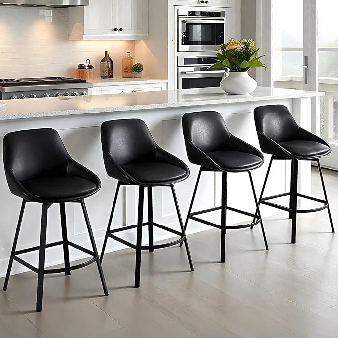 Zesthouse Swivel Counter Height Stools Set of 4, Modern Upholstered Barstools with Backs, 26'' Faux Leather High Chairs for Island Kitchen, Counter Height Chairs with Metal Legs, Black