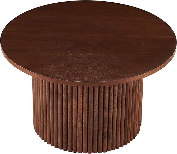 27.5'' Round Dining Table for 4, Modern Wood Farmhouse Kitchen Circle Table with Sturdy Cylindrical Pedastal, Dinner Tables for Dining Room, Living Room Walnut