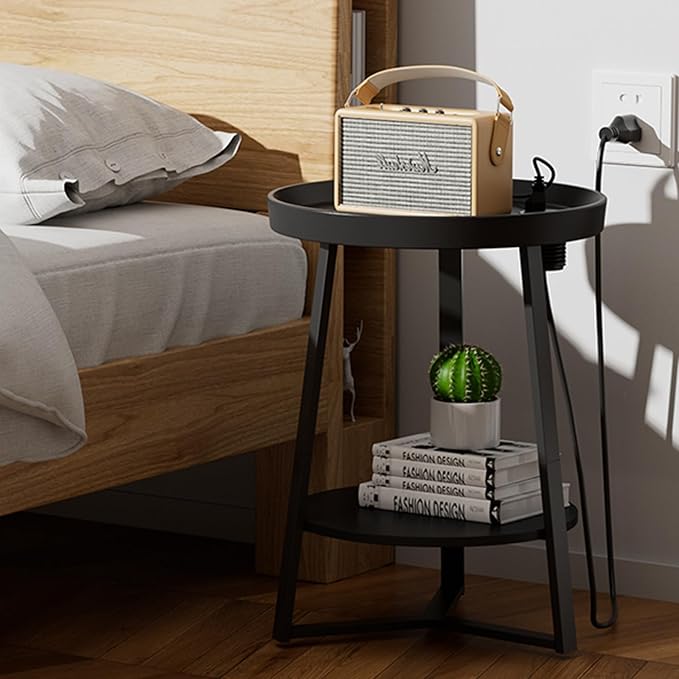 Gadroad Round End Table with Charging Station, USB Ports and Anti-Drop Fence, Wood Tabletop & Black Metal Frame, 2-Tier Side Table for Living Room, Bedroom, Black 15.7 * 15.7 * 23.0 inches