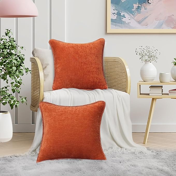 decorUhome Fall Chenille Soft Throw Pillow Covers 26x26 Set of 2, Farmhouse Velvet Neutral Decorative Euro Pillow Covers with Stitched Edge for Couch Sofa Bed Home Decor, Rust