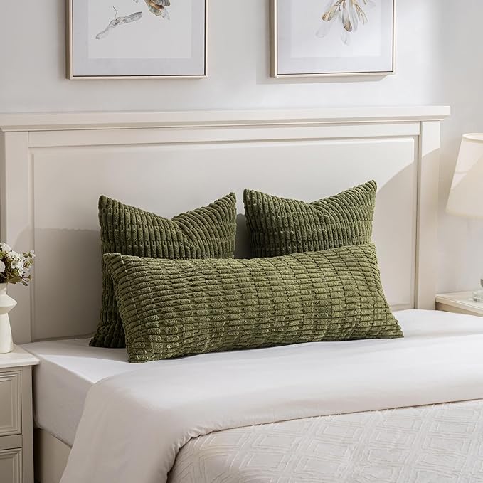 Fancy Homi 2 Packs Boho Moss Green Decorative Throw Pillow Covers 20x20 Inch for Couch Bed Sofa, Rustic Modern Farmhouse Home Decor, Soft Plush Corduroy Square Cute Cushion Case 50x50 cm