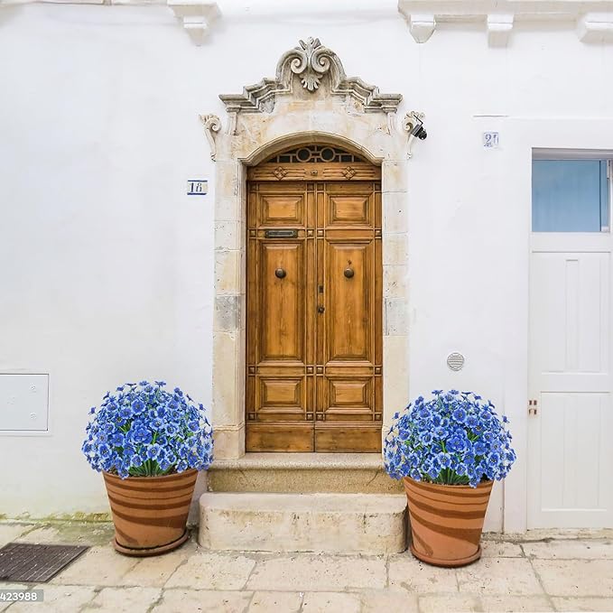 Outdoor Artificial Flowers 21 UV Resistant Bundles Fake Flower Plastic Plants Faux Silk Flowers Porch Hanging Garden Porch Window Box Decorating (Blue)