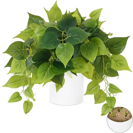 Waipfaru Faux Plants Indoor with Ceramic Pots, Realistic Small Fake Plants, Fake Plants with Pothos, Fake Potted Plants, Artificial Plant for Home Shelf Bathroom Kitchen Office Indoor Outdoor Decor