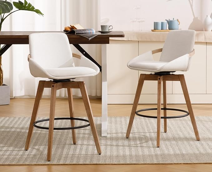 EALSON Swivel Counter Height Bar Stools Set of 4 Mid Century Modern Natural Wood Barstools with Back and Arms Comfortable Upholstered Counter Stools Linen Bar Chairs for Kitchen Island, Beige