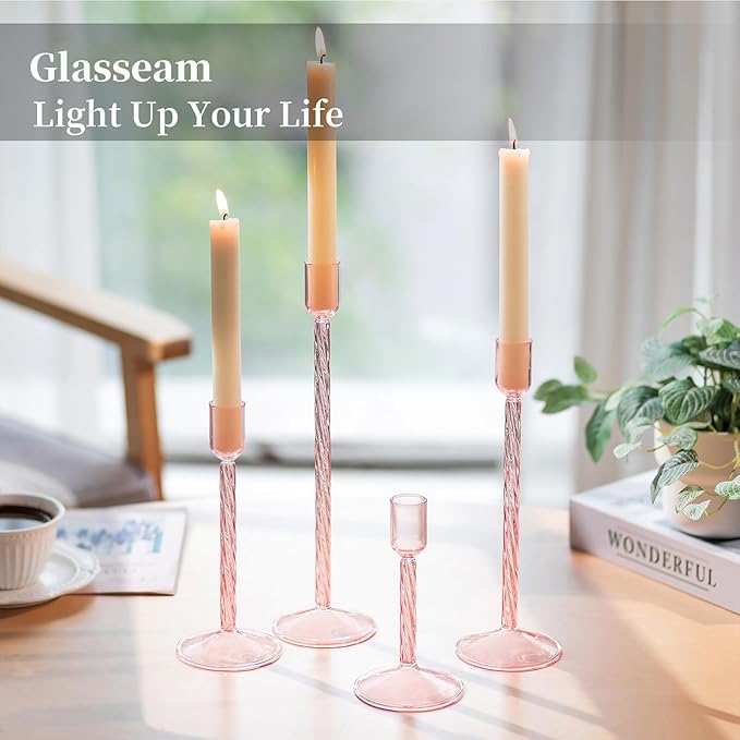 Glasseam Glass Candlestick Holders Pink: Set of 4 Tall Taper Candle Holders for Candlesticks Decorative Tapered Candles for Table Centerpiece Wedding Christmas Home Decor
