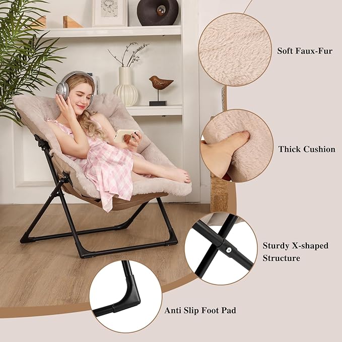 Comfy Saucer Chair for Adults, Soft Faux Fur Bedroom Chair with Ottoman, Accent Dorm Chairs, Living Room Reading Chairs and Footstool, Folding Lounge Seat for Teens, X-Large, Light Khaki