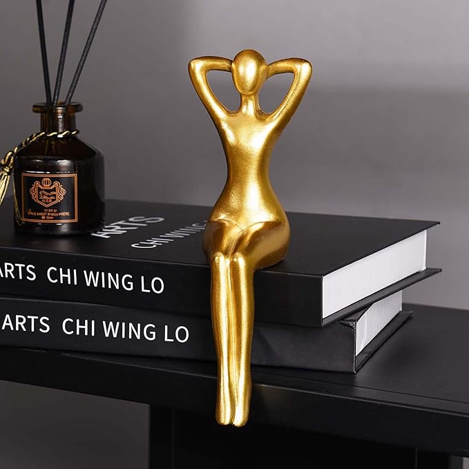 Quoowiit Gold Decor Thinker Statue Decor Book Shelf Decor, Abstract Statue Ornament Office Decor Modern Home Decor Decorations for Living Room Collectable Figurines Coffee Table Decor 3 Piece