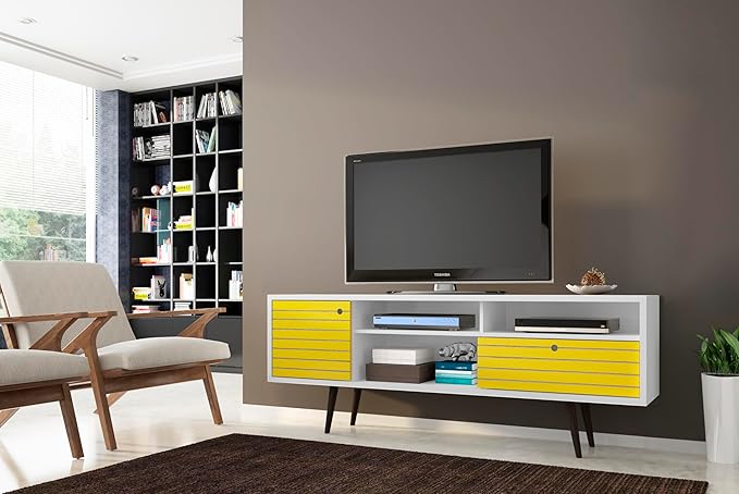 Manhattan Comfort Liberty Mid Century Modern TV Stand for Televisions up to 65 Inches, Bedroom and Living Room Entertainment Center with Storage, Shelves, and Cabinet, 71" Wide, White/Yellow