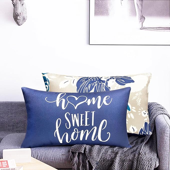 Decorative Throw Pillow Covers Set of 4 Blue Pillow Covers 12x20 inch Throw Pillow Cases Linen Square Pillow Case,Farmhouse Outdoor Modern Boho Pillow Covers for Couch Sofa Living Room