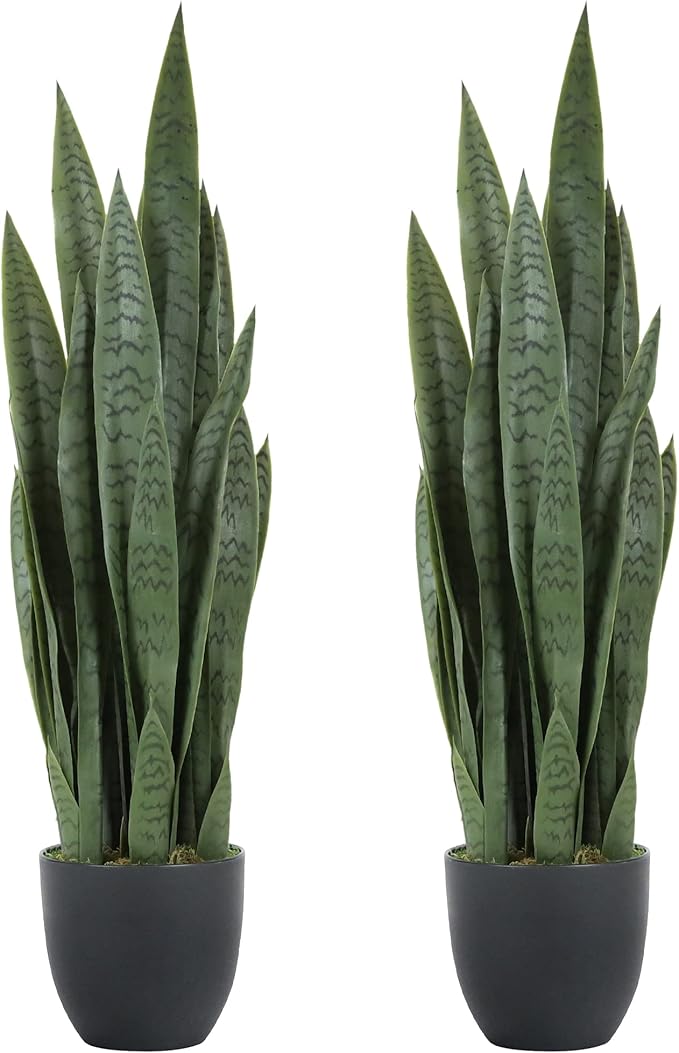 Worth Garden 3ft Artificial Snake Plant Fake Sansevieria Indoor Outdoor, 28 Thick Leaves Lifelike Faux Silk Plant, Home Decor Mother in Law Tongue Plant 35in, with Black pot & Dry Moss Included, Green