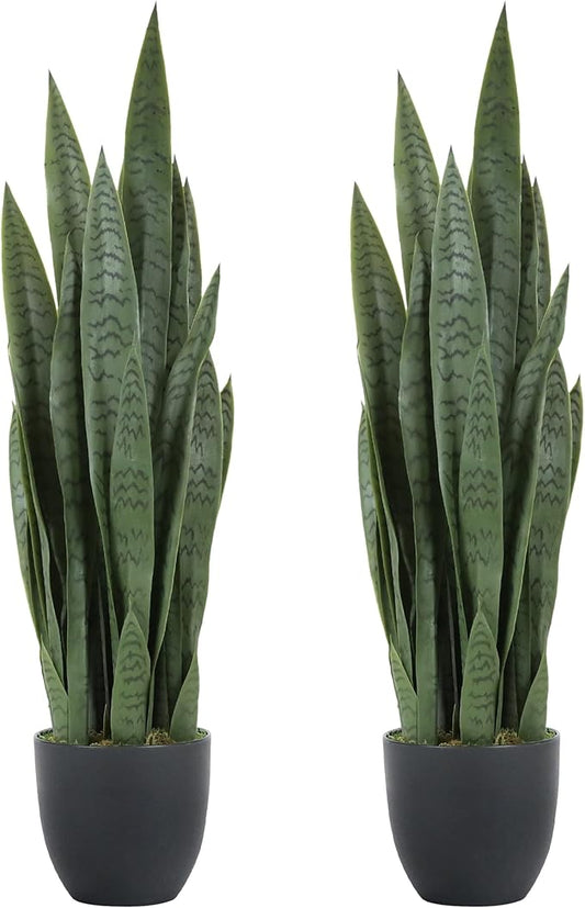 Worth Garden 3ft Artificial Snake Plant Fake Sansevieria Indoor Outdoor, 28 Thick Leaves Lifelike Faux Silk Plant, Home Decor Mother in Law Tongue Plant 35in, with Black pot & Dry Moss Included, Green