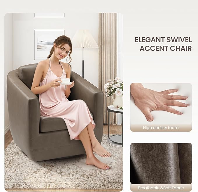 COLAMY 360° Swivel Accent Chair with Pillow, Leather Living Room Armchair No-Sag Foam & Sturdy Metal Base, Fully Assembled Swivel Accent Single Sofa for Bedroom Living Room, Reading Room, Wolf Grey