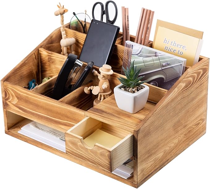 VERGOODR Wood Desk Drawer Organizers with File Organizer Pen holder Decor combo for Desk Organization, Office Desks, Home can arrange calculators, scissors, pens, note papers, etc. (Baked color)