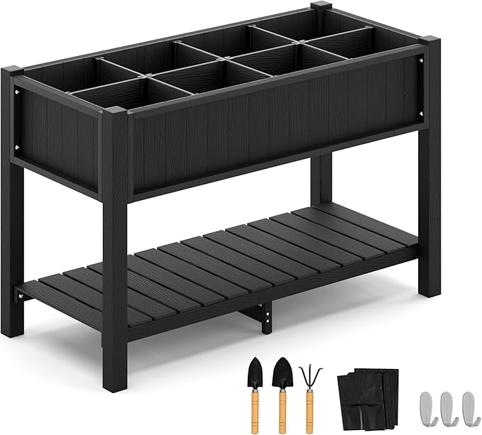 LUE BONA Elevated Planter Box with Legs and Shelf, 47 * 21 * 30in, 8 DIY Pocket HDPS Raised Garden Bed with Tools, 3-Year Warranty, No Crack, Large Outdoor Herb Raised Beds for Gardening Vegetables