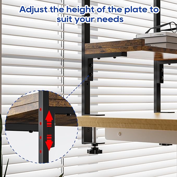 Clamp On Desk Shelf 2-Tier, 12.5 inche Wood Shelving Unit for Office Desk/Gaming Accessories, Tabletop Book Storage Rack, Shelf for Top & Under of Desk, Brown