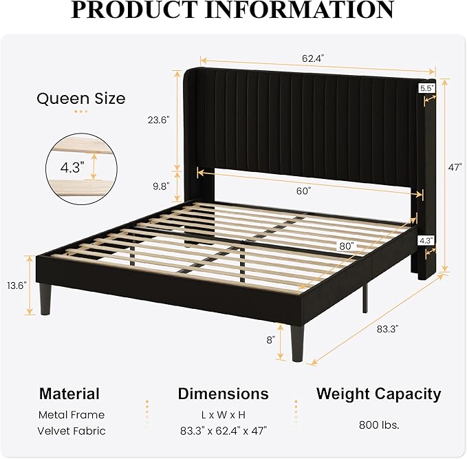 SHA CERLIN Queen Size Velvet Bed Frame with Vertical Channel Tufted Wingback Headboard, Upholstered Platform Bed with Wood Slats, No Box Spring Needed, Easy Assembly, Black