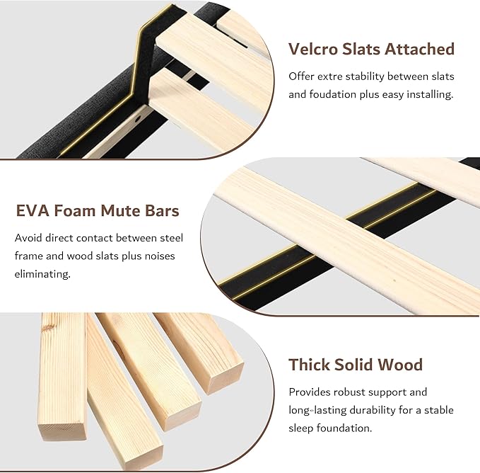 iPormis Full Size Bed Frame with Charging Station, Linen Platform Bed Frame with Wingback Headboard Upholstered Bedframe, Solid Wood Slats Support, No Box Spring Needed, Easy Assembly, Dark Grey