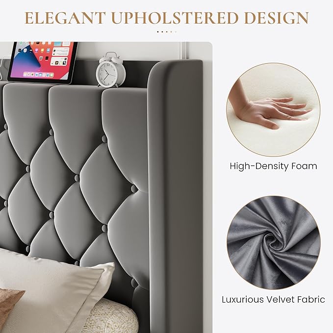 SHA CERLIN Full Size Platform Bed Frame with Charging Station, Velvet Wingback Headboard with Storage Shelf, Wooden Slats Support, Ample Under-Bed Space, No Box Spring Needed, Easy Assembly, Grey