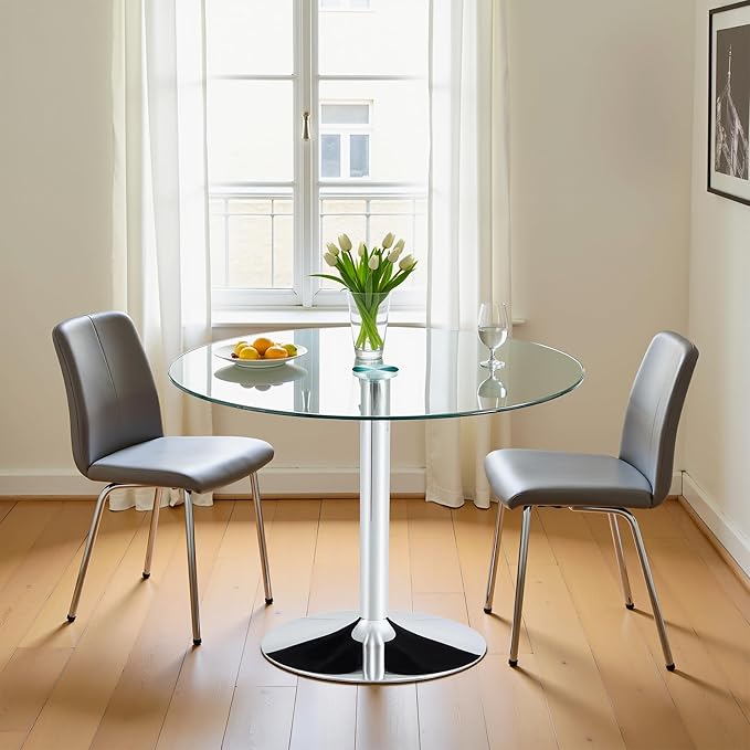 Dining Table for 4 Modern Round Glass Dining Table 39" Kitchen & Dining Room Tables with Metal Base and Glass Tabletop for Dining Room and Apartment, Silver