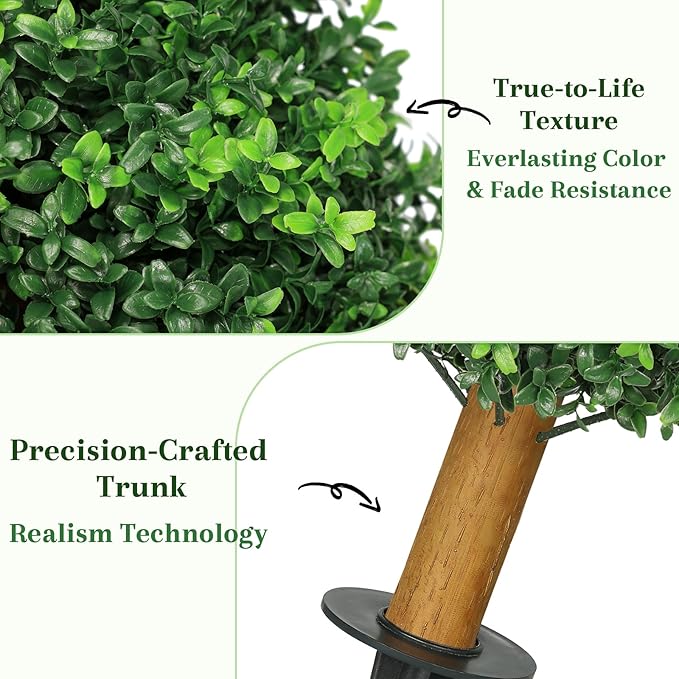 25.6'' Faux Outdoor Plants with Spike, 1PCS UV Resistant Artificial Boxwood Balls Topiary Tree Outdoor, Realistic Fake Plants Outside for Balcony Yard Garden Porch Entryway Front Door Decor
