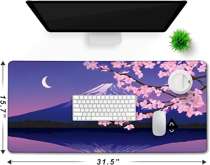 Large Extended Gaming Mouse Pad with Stitched Edges, Non-Slip Waterproof Rubber Base Mouse Pad for Office, Computer, Laptop and Home Mousepad 31.5 x 15.7 Inch, Janpanese Sakura